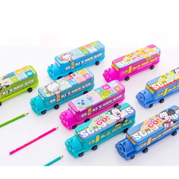 1шт Поезд автобус Кавайный пенал с точилкой, двухслойный пенал, металлический пенал для ручек, школьные принадлежности в стиле аниме для мальчиков и девочек