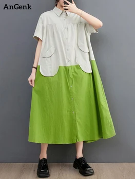 2023 Весна Лето Новые Лоскутные платья-рубашки хитового цвета для женщин с коротким рукавом, свободные Повседневные Длинные платья, модная элегантная одежда