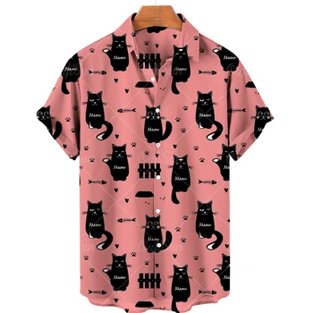 2023 Гавайская рубашка с абстрактным рисунком с кошачьим принтом, короткий рукав, свободные мужские и женские летние пляжные повседневные рубашки большого размера, топ