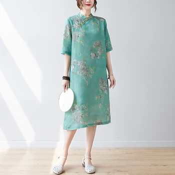 2023 Новое поступление, Элегантное летнее платье в китайском стиле с воротником-стойкой и пуговицами, женское повседневное платье миди с принтом Чонсам