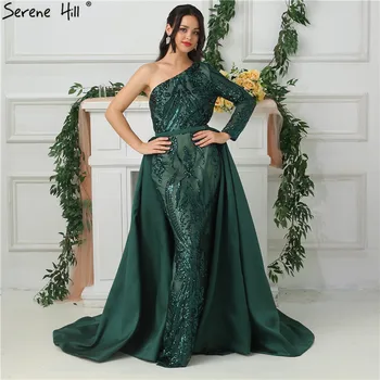 2023 Новые Темно-Зеленые Вечерние платья Русалки с длинным рукавом на одно плечо, Вечернее платье Dubai Robe De Soiree BLA6619