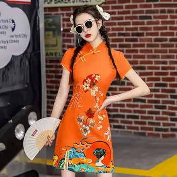 2023 Новый Китай-Шикарный Cheongsam Для молодых девушек, короткая Оранжевая китайская традиционная одежда, Китайское платье, платье Ципао, Vestido