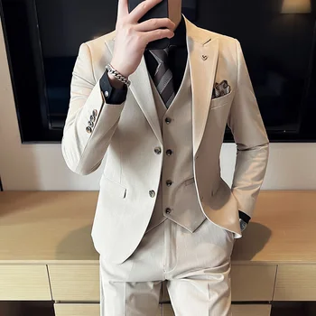 2023 Новый мужской бутик (костюм + жилет + брюки) элитный британский деловой костюм для отдыха, красивый тонкий однотонный комплект из трех предметов