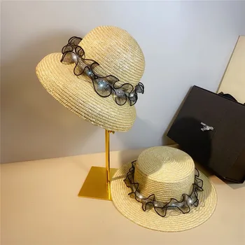 202303-shi летнее дизайнерское изогнутое кружево ручной работы, соломенная белая лента из бисера, женские фетровые шляпы, панама, джазовая кепка, женская широкополая шляпа