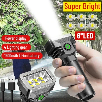 6 Светодиодный фонарик USB перезаряжаемый фонарь высокой яркости с дисплеем мощности Наружное освещение для кемпинга аварийная лампа фонарик