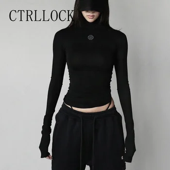 CTRLLOCK Шикарная черная водолазка с длинным рукавом, осенняя тонкая черная футболка с вышивкой, технологичная одежда