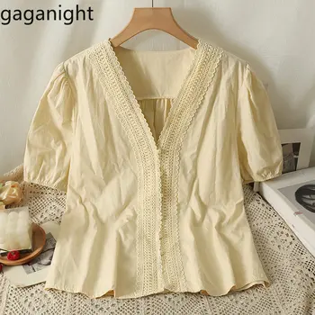 Gaganight, женская кружевная рубашка с V-образным вырезом и короткими рукавами, Лето 2023, Новый стиль, женская блузка в стиле французского ретро с короткими рукавами, женская