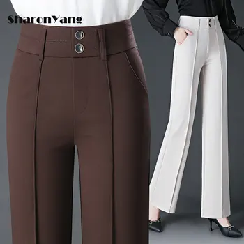 M-6xl, Демисезонные Широкие брюки, женские мешковатые брюки с высокой талией, Женские Прямые брюки, Черные брюки большого размера