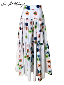 Seasixiang/ Модные дизайнерские юбки из 100% хлопка, весна-лето, женские повседневные длинные юбки с высокой талией и принтом в горошек