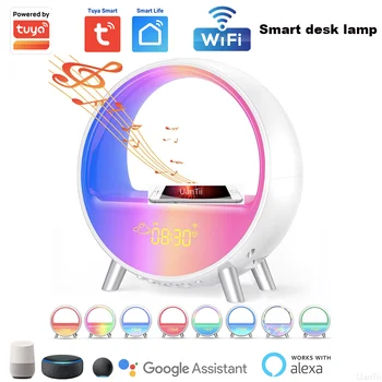 Tuya Smart Wake up Light с беспроводным зарядным устройством Bluetooth Динамик Будильник Беспроводной WiFi Красочный атмосферный светильник