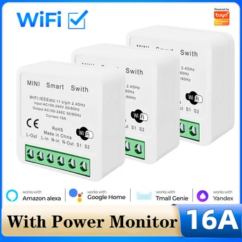 Tuya WiFi MiNi Smart Switch Power Monitor 16A 2-полосный таймер управления, беспроводной переключатель DIY для Alexa Google Home, умный дом Алисы