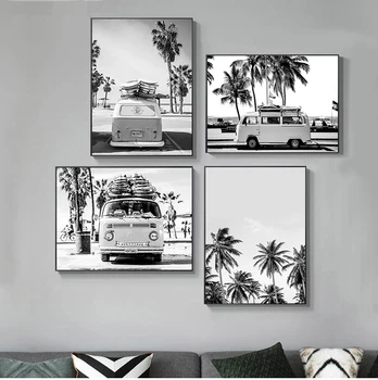 Автофургон Пляжный серфинг Принт Пальмовое дерево Художественная картина на холсте Черно-белая фотография Плакат с океаном Бохо Декор для гостиной