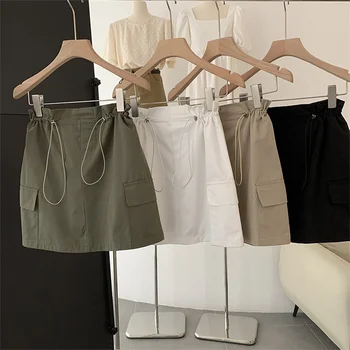 Армейская зеленая короткая юбка-карго, женские мини-юбки с высокой талией на шнурке, женская уличная одежда, юбки-трапеции с большим карманом