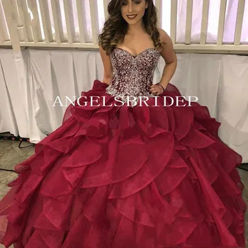 Бальное платье Angelsbridep с бордовыми кристаллами, 15-летнее платье для молодых, пышные платья, вечернее платье с рюшами в виде сердца, Праздничное платье