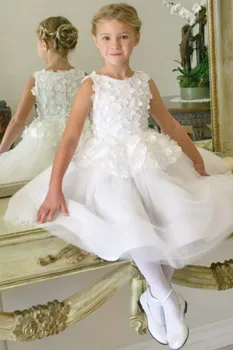Белое платье принцессы трапециевидной формы с цветочным узором для девочек, с аппликацией и застежкой-молнией сзади, подходит для свадебной вечеринки, дня рождения, первого причастия.