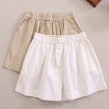 В японском стиле Mori Girl, однотонные хлопковые свободные шорты с эластичной резинкой на талии, женские