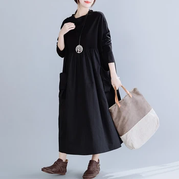 В японском стиле, Темно-черное, в стиле пэчворк, С большими карманами, Свободное, Шикарное осеннее платье для девочек, Модное женское весеннее повседневное платье миди на открытом воздухе