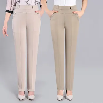 Весенне-осенние женские брюки большого размера, брюки для мамы, эластичные повседневные женские брюки с высокой талией, свободные стрейчевые прямые брюки XL-5XL