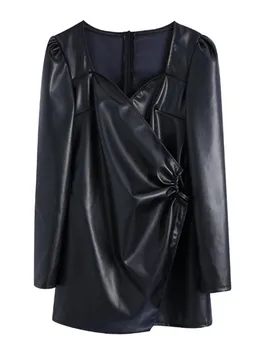 Весеннее женское винтажное мини-платье с перекрестной шнуровкой из искусственной кожи, женские модные платья с длинным рукавом и квадратным воротником на молнии сзади