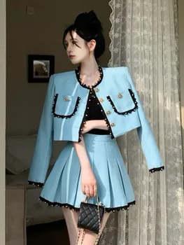 Весенний комплект из двух предметов с небольшим ароматом, женский Контрастный кружевной жакет, пальто + Плиссированная юбка с высокой талией, Корейские милые костюмы из 2 предметов