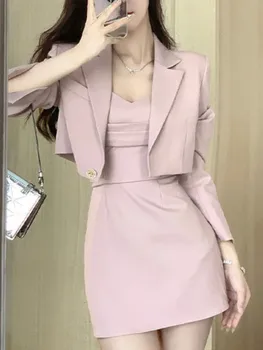 Весенний Розовый комплект из двух частей, Женский блейзер, пальто + комплект платья на бретелях, женское повседневное Корейское модное Тонкое элегантное платье, новинка 2023 года
