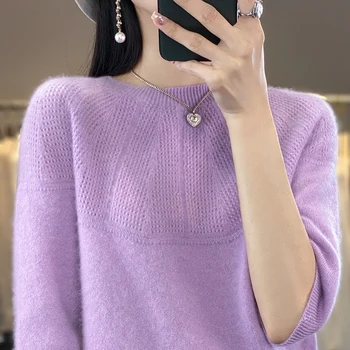 Весной и летом новый вязаный женский пуловер с короткими рукавами из 100% шерсти мериноса, жилет, модная корейская рубашка, футболка