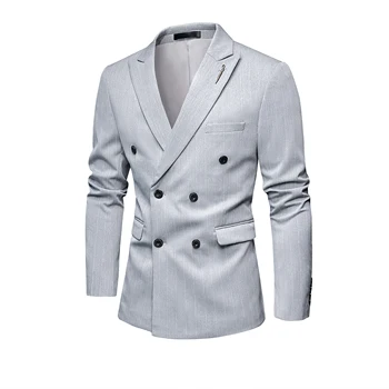 Высококачественный деловой приталенный двубортный пиджак в полоску, мужской приталенный повседневный модный свадебный смокинг жениха, блейзер, пальто slim b