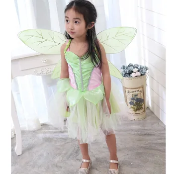 Детский костюм принцессы Феи для девочек, Сетчатое платье без рукавов, комплект с блестящими крыльями, детский костюм для косплея на Хэллоуин, День рождения