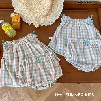 Детское модное летнее платье от 0 до 2 лет, летняя детская одежда, детская клетчатая юбка, шорты, детская одежда из двух предметов для девочек