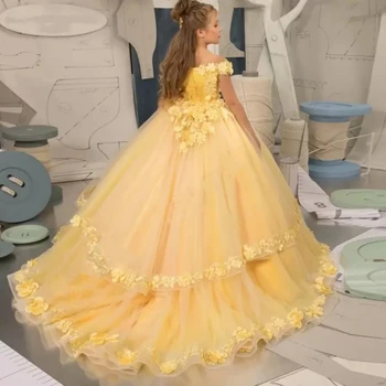 Желтые платья для девочек в цветочек, кружевной тюль, аппликация из бисера для девочек, платья для первого причастия, детские платья для выпускного вечера