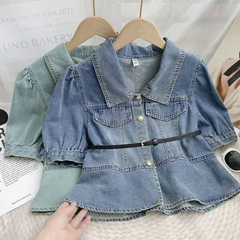 Женская модная джинсовая рубашка в стиле ретро с пузырчатым рукавом 2023, летний Новый Корейский топ на шнуровке с высокой талией