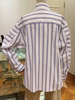 Женская рубашка Белая рубашка с вышивкой Saturn/свободная рубашка с воротником-лацканом в темно-синюю полоску