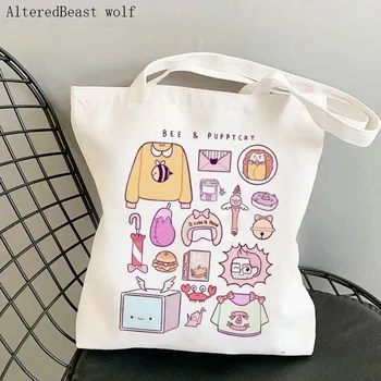 Женская сумка через плечо Bee And Puppycat Items Harajuku Custom Shopping Холщовая сумка-Шоппер для девочек, женская сумка-тоут, Женская сумка-шоппер