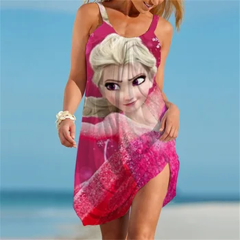Женские винтажные Макси-платья Frozen Elsa 2023, Летние Сексуальные миди-платья с круглым вырезом и рукавом Бохо, миди-платья с принтом, Элегантная женская пляжная накидка