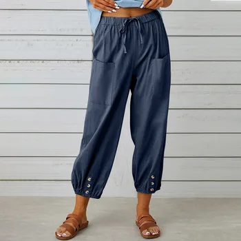 Женские модные широкие брюки из хлопка и конопли, однотонные повседневные брюки с эластичным поясом и карманами, длинные брюки оверсайз.