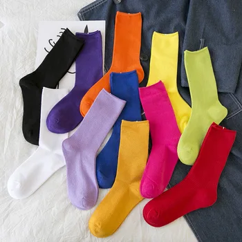 Женские носки 2022, Новые модные однотонные Носки для экипажа, женские Хлопковые Дышащие Длинные Махровые носки Неонового цвета, Корейские Носки для девочек
