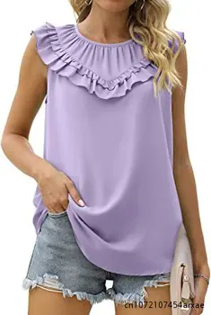 Женские шифоновые футболки с оборками, плиссированные футболки, летние тонкие футболки без рукавов с круглым вырезом