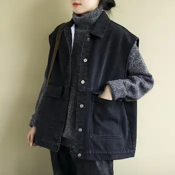 Женский джинсовый жилет большого размера, женская куртка без рукавов, кардиган, уличная одежда в стиле ретро харадзюку, Черная джинсовая куртка, Корейское модное пальто