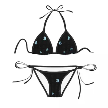Женский сексуальный комплект бикини, бюстгальтер пуш-ап, стринги на бретелях, Бразильский купальник, пляжная одежда для купания, Винтажный логотип Bitcoin, синий