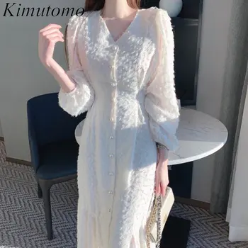 Женское длинное платье Kimutomo в винтажном стиле со свободными кисточками, Элегантное платье с V-образным вырезом и пышными рукавами на одной груди, однотонные платья Ins Tide Новинка 2023 года