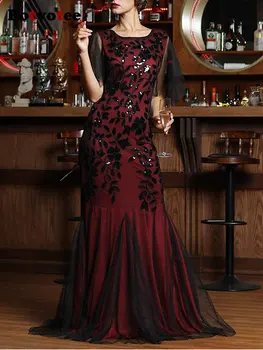 Женское платье Макси Botvotee с пайетками, Винтажные платья Русалки с высокой талией и круглым вырезом, Сетчатое Лоскутное Элегантное вечернее длинное платье