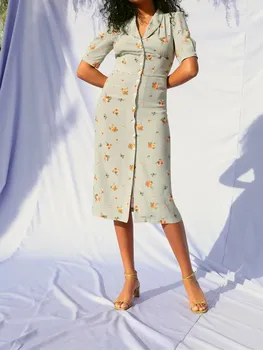 Женское Платье Миди с Отложным Воротником Prairie Chic из 100% Вискозы с Цветочным Принтом И Коротким Рукавом, Однобортные Халаты для Отдыха