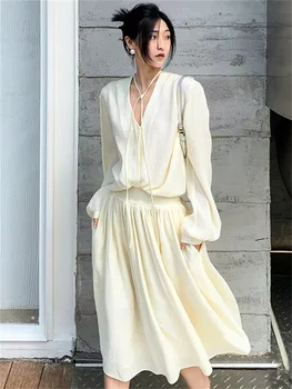 Женское плиссированное длинное платье на шнуровке с V-образным вырезом, Новинка лета 2023, Однотонный женский халат на пуговицах с рукавом-фонариком и эластичным поясом