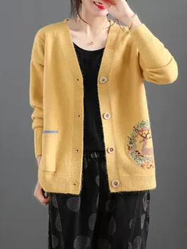 Кардиган Женский Повседневный свитер с V-образным вырезом и длинным рукавом, Темпераментные однобортные универсальные топы, элегантное уличное пальто, одежда