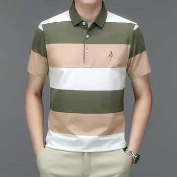 Классический дизайн, мужская летняя рубашка поло с коротким рукавом, вышивка в полоску, Цветная Повседневная хлопковая одежда для тренировок