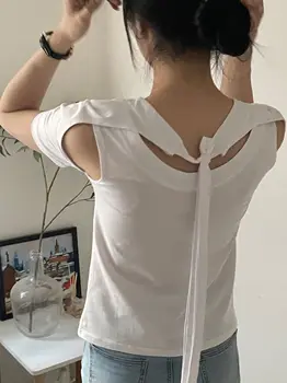 Корейские летние топы Y2k, рубашки для женщин, модные Белые Женские футболки 2023, Бандажные повседневные футболки-туники с вырезами Ropa Mujer