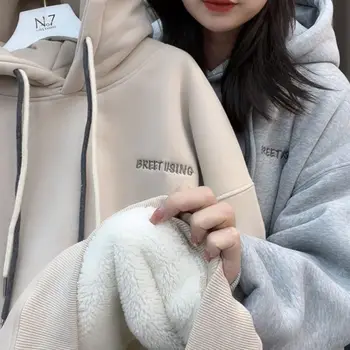 Корейский стиль плюс бархатная утепленная толстовка с капюшоном на молнии, модная однотонная студенческая свободная куртка с вышивкой буквами