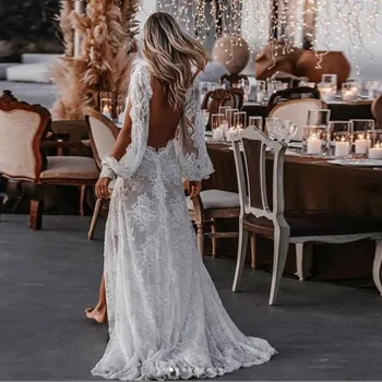 Кружевные пляжные свадебные платья с открытой спиной 2021, летние платья с длинными рукавами и разрезом спереди, платья Bridla трапециевидной формы, платье со шлейфом, Vestidos