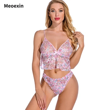 Кружевные подтяжки с цветочным узором Meoexin, сексуальный пижамный комплект с тремя точками для женщин, сексуальное женское белье большого размера, соблазнительные брюки с глубоким V-образным вырезом