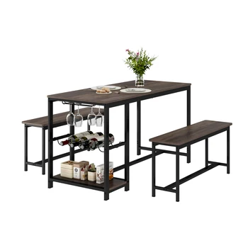 Кухонный обеденный стол из 3 предметов Деревянный стол с 2 скамейками Компактная мебель в винтажном стиле Ретро с винной полкой и стеллажом для хранения